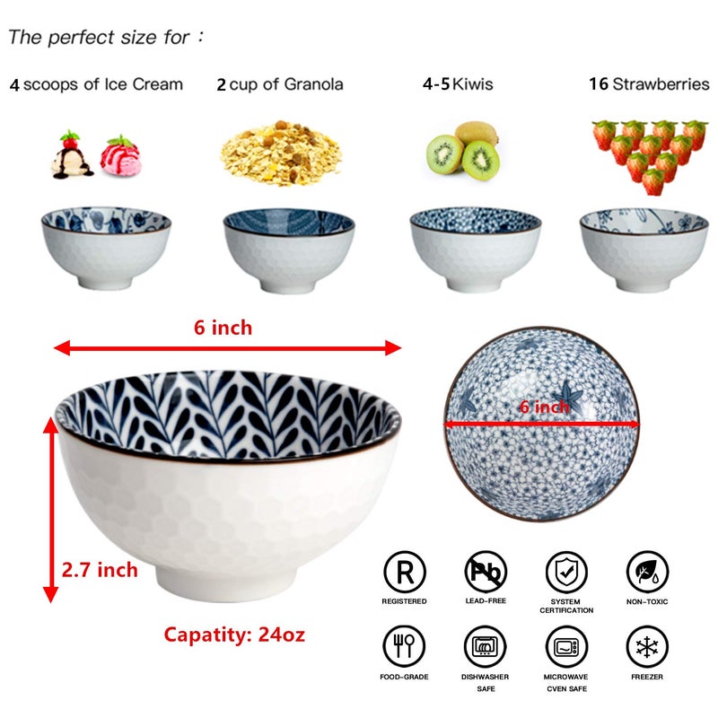 Swuut Japanese Style Ceramic Cereal Bowls,24 Ounces Salad,Soup Ramen Pho Salad Bowl Set of 6,Blue and White Floral Microwave Safe for Kitchen (6 inch) - Image 2